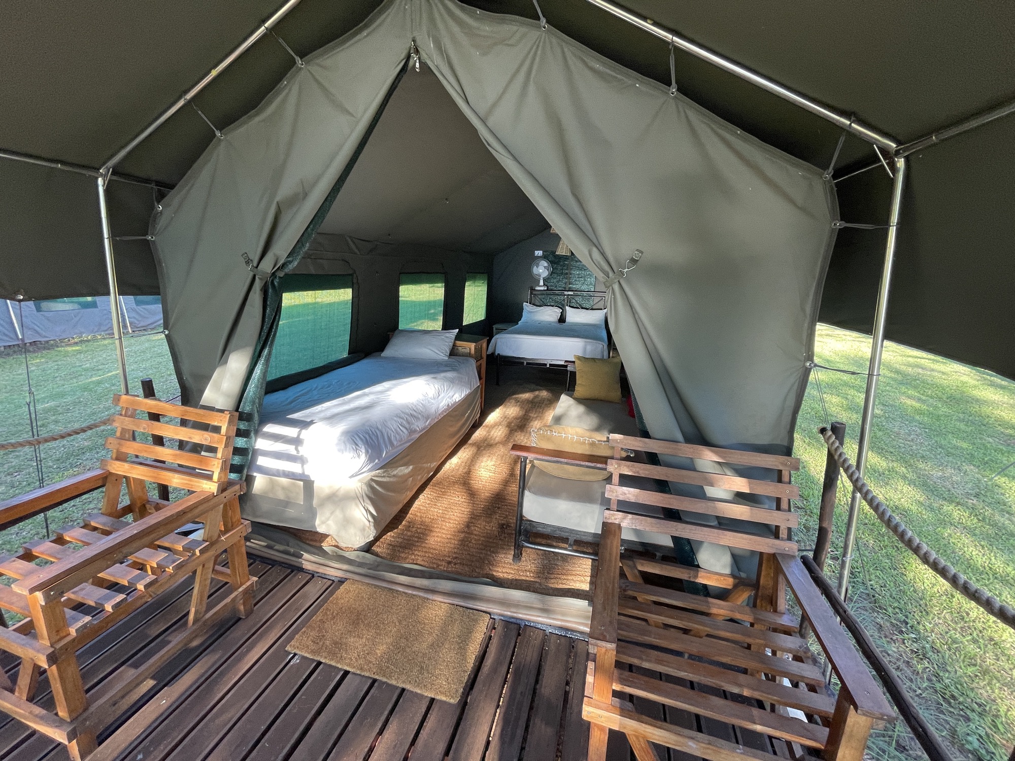 Glamping tent and deck at Romelda Campsite